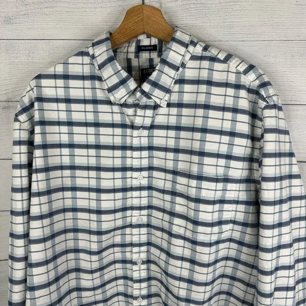 J Crew Mens size XL Plaid Classic Flex Oxford Shirt Long Sleeve Button Down Blue